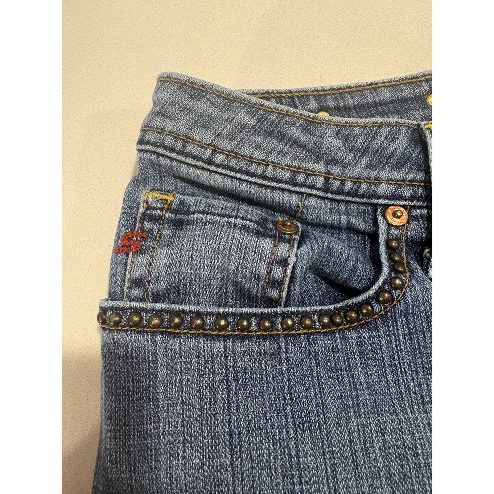 Seven7 Studded Cropped Jeans Womens 14 Medium Wash Rhinestone Wide Leg Y2K - Picture 8 of 14